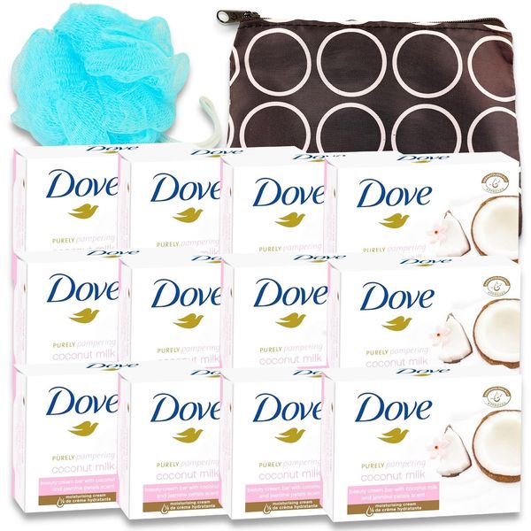 Dove Bar Soap Pack - Dove Bar Soap 12 Pack Bundle Coconut Milk 3.17 Oz Clean Coconut Milk Soap Bars Pack with Bonus Travel Bag and Loofah | Dove Moisturizing Body Wash for Women