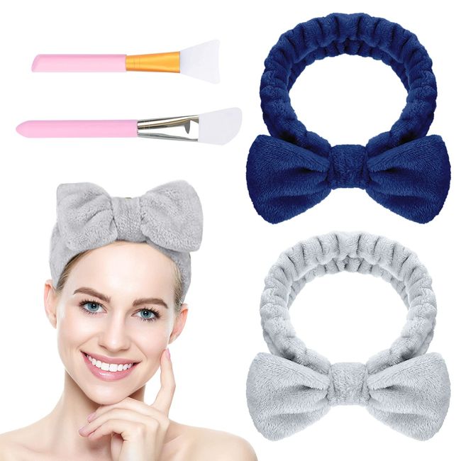 iTGOOS 2 Stück Kopfband Haarband für Mädchen Schleife Haar Bänder Waschen Sie Gesicht Make-up Stirnband mit 2 Stücke Silikonpinsel Elastischer Bad Dusche Kopfwickel