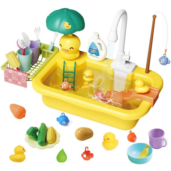 TuiVeSafu Play Sink with Running Water, Toddler Sink Toy with Automatic Water Cycle System ＆ Play Food, Pool Floating Fishing Game, Role Play Pretend Dishwasher Toy Gift for Boys Girls(Yellow)