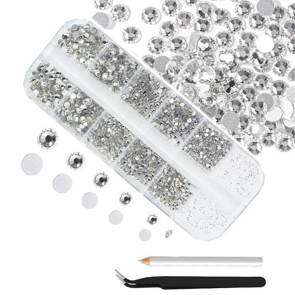 Pack of 4200 White Crystal Rhinestones, Nail Gemstones, Silver Round Flatback Stones, Assorted, SS6-SS20 to K9 Glass, Silver Nail Crystals, Jewels, Nail Art, Nail Charms for Nails, Eyes, Face, DIY