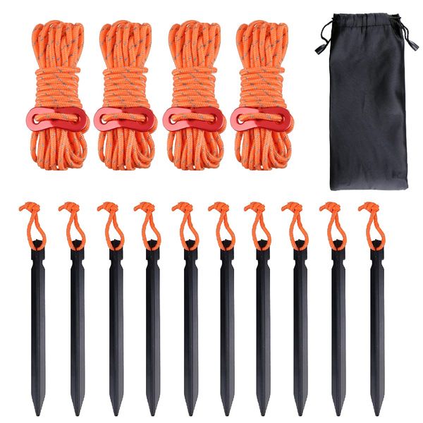 Azarxis Tent Guy Rope 4mm Reflective Guy Line 4m / 13ft Tarp Guide Rope with Aluminum Tensioner Cord Adjuster for Camping Awning Packing Tying Down (Orange - 4 Pack + Black Tent Peg - 10 Pack)