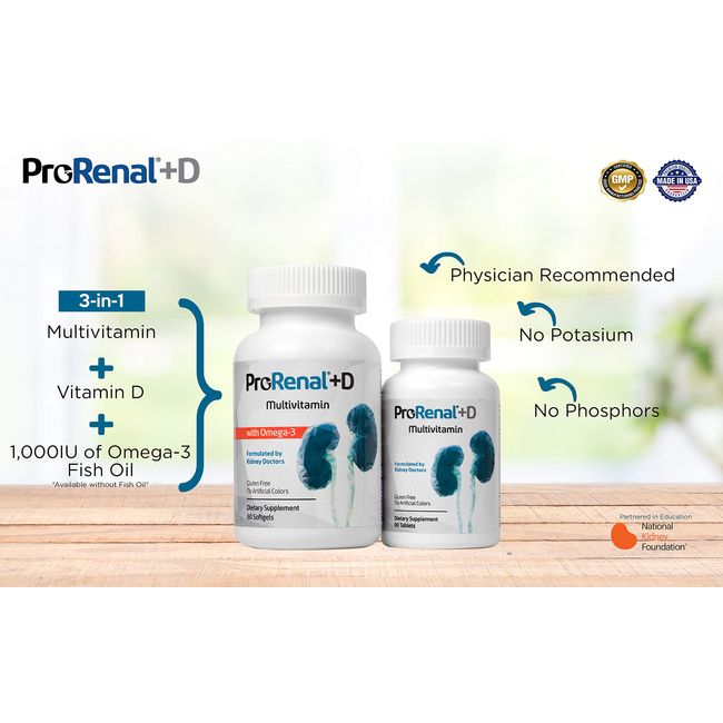 ProRenal D with Omega 3 Fish Oil Kidney Multivitamin 90 Day Supply