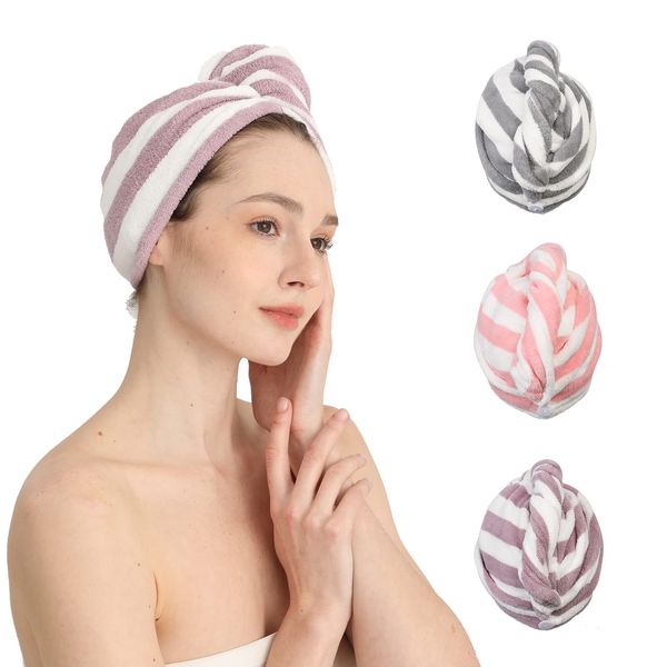 Good Nite 3 Pack Microfibre Hair Drying Towel Wrap Super Absorbent Twist with Buttons Dry Hair Turbans for Women Girl Wet Hair