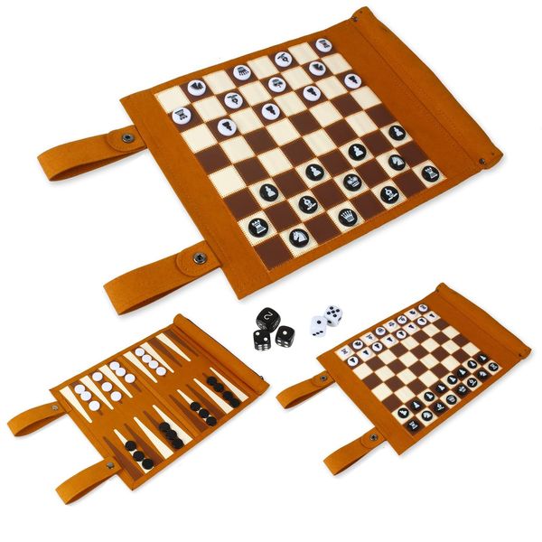 Andux Rollable 3 In 1 Chess Backgammon Board Game Microfiber Portable Chess Set PGSLQ-01(Brown)