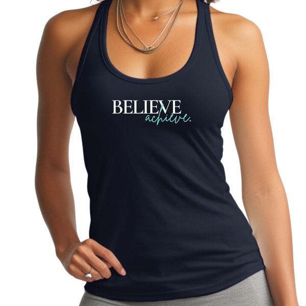 Womens Fitness Tank Top Graphic T-shirt Believe and Achieve - Navy / XS