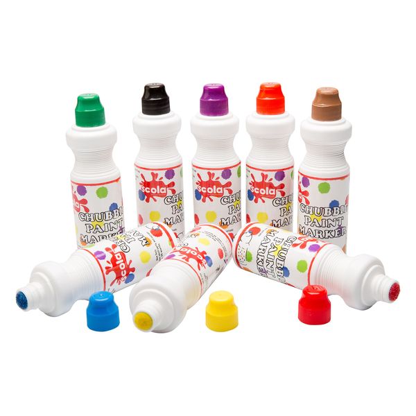 Scola Chubbi Paint Markers, 8 Assorted Colours, 75 ml Bottles, Quick Drying, No Mess or Spill, Art and Crafts Projects, Ideal for Schools and Kids