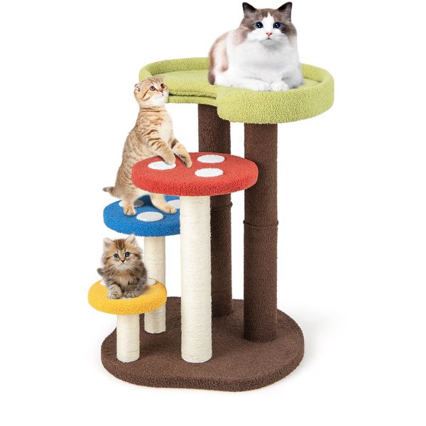 Mushroom Cat Tree Tower Multi-layer Climbing Stand w/ 3 Full-wrapped Sisal Posts