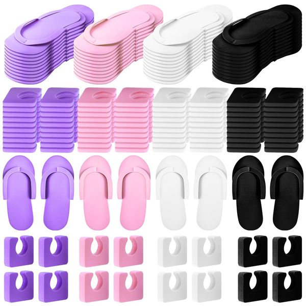 Suhine 120 Pairs Disposable Pedicure Slippers and Toe Separators Kit 40 Pairs Disposable Foam Flip Flops 80 Pairs Toe Separators for Women Nail Hotel Salon Spa Party, Black, Purple, White, Pink