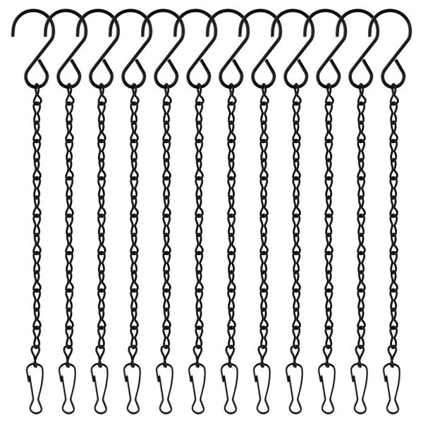 FEPITO 12 Pack Black Hanging Chains, 10 Inch Hanging Basket Chains, Garden Plant Hangers Metal Chains with Hooks Clips for Bird Feeders, Wind Chimes, Lanterns, Planters, Decorative Ornaments