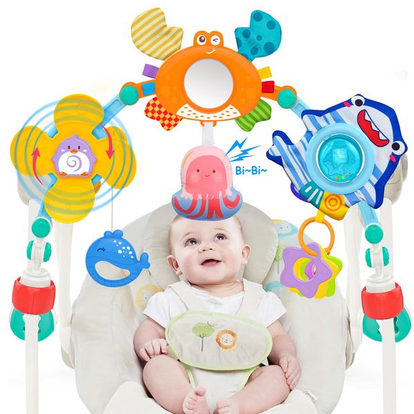 Baby Stroller Arch Toys with Baby Mirror for Infant 0-3-6-12 Month Carseat Bouncer Montessori Toy for Babies Shower Easter Gifts for Newborn 0-6 Month Sensory Development for 4 5 7 8 Months Boys Girls