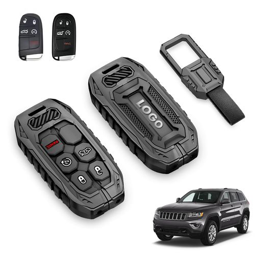 Zinc Alloy Key fob Cover Compatible with Jeep Grand Cherokee Renegade Dodge Durango Challenger Wrangler Patriot Grand Comander Journey Fiat Dart Chrysler 200 300 Keychain Key Case, Black