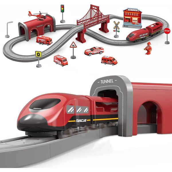 XIAPIA Railway Learning Educational Toys, Train Sets for Kids Boys Girls Age 3 Years Up, 66 Pcs Electric Track Accessories Car Set (Red Fire Engine)