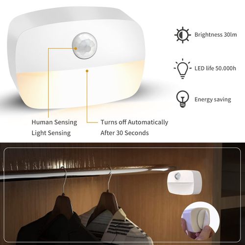 LED Motion Sensor Night Light, [4 Pack] Stick-On Night Light by Battery Powered, Stair Sensor Lights Indoors, Auto/ON/Off Light for Toilet, Hallway, Closet, Kitchen, Children's Room, Warm White light