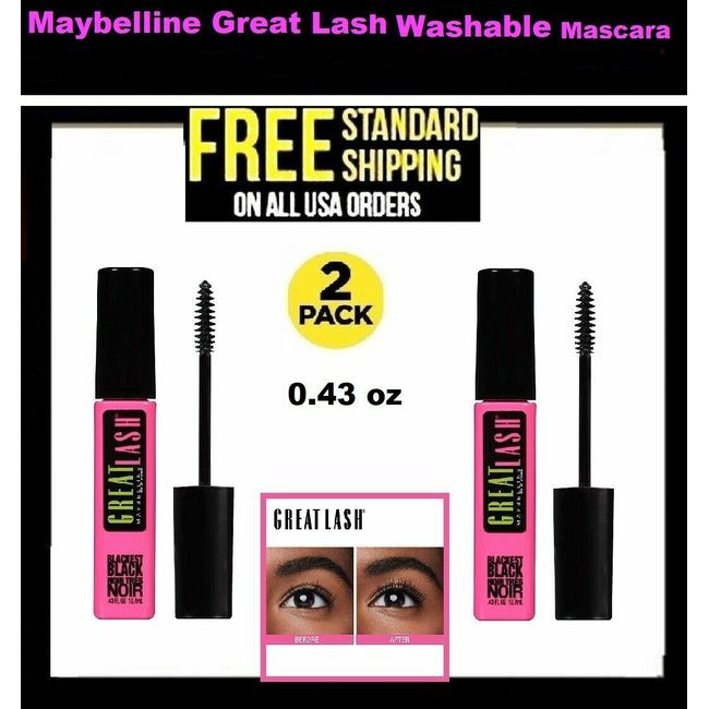 X2 Maybelline Great Lash Washable Mascara, Blackest Black, 0.43 fl. oz.=NEW