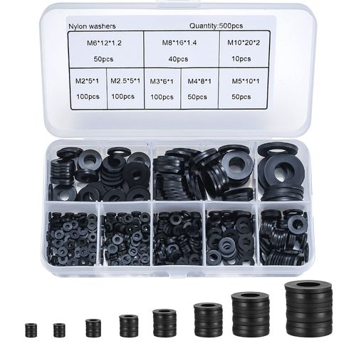 500 Pcs Nylon Washers, Plastic Flat O Ring Washers, Black Round Seals Spacer Washers Assortment, Tap Sealing Gasket Washers for Plumbing, Tap, Mechanical Repair - M2/M2.5/M3/M4/M5/M6/M8/ M10