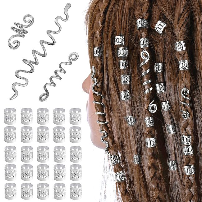 XCSJ 28 Stück Dreadlocks Schmuck Haarspiralen Clips Verstellbar Metall Cuffs Haar Flecht Perlen Dreadlocks Perlen Haarschmuck Braids Haar Dreadlocks Zubehör Für Frauen Männer Zöpfe Dekoration (Silber)