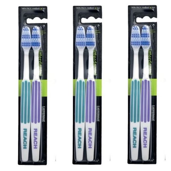 REACH Essential Care Interdental Medium Toothbrush, Duo Pack x 3, Full Head Hard Bristle Manual Toothbrushes, Variety Colors Multipack, Daily Oral Enamel Dental Care