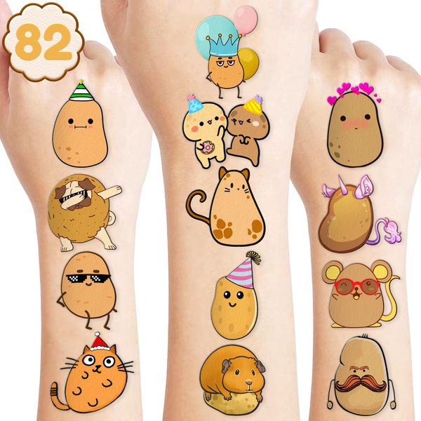 Potato Temporary Tattoos 8 Sheets 82PCS Sweet Potato Party Decorations Supplies Favors Chip Potato Theme Birthday Cute Stickers Christmas Gifts for Boys Girls Class School Prizes Carnival