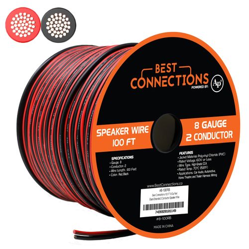BEST CONNECTIONS Speaker Zip Wire (Various Gauge/Size Options) Primary Bonded Red & Black Speaker Cable Stranded Speaker Wire Car Audio Automotive Home Theatre (100 Feet, 8 Gauge)