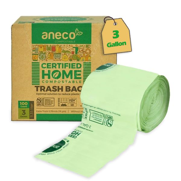 ANECO 100% Compostable Trash Bags 3 Gallon, 100 Count, Extra Thick for Countertop Bin, Small Food Waste Bags with TUV OK Compost Home and BPI certified