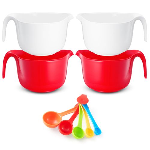 Osnell USA 9 Pc Large Mixing Bowls with Handles, 3.6 qt - Plastic Nesting Bowls for Kitchen, Lightweight Batter Bowls, Easy to Clean (Includes: 4 Mixing Bowls + 5 Measuring Spoons Set)