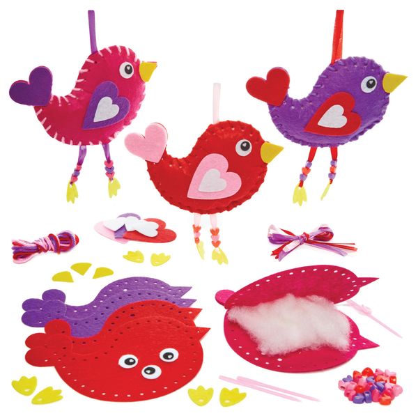 Baker Ross FX418 Bird Love Heart Sewing Kits - Pack of 3, Valentine's Sewing Craft Kits for Kids, Purple, pink, red