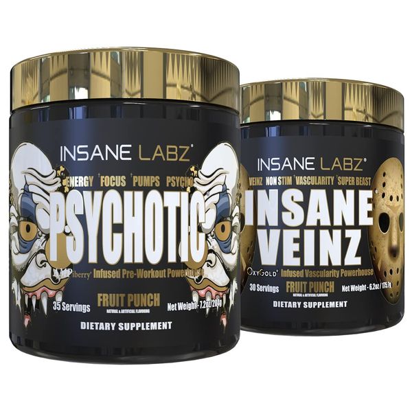 Insane Labz Psychotic Gold and Insane Veinz Gold Pre Workout Nitric Oxide Booster Stack, Increase Muscle Mass, Vascularity, Strength, Energy, Focus, Fruit Punch