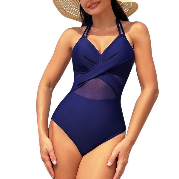 IHCEMIH Swimming Costume Women One Piece Swimsuit Push Up V Neck Padded Swimwear Cross Mesh Halter Bathing Suits Retro Beachwear for Ladies Womens UK Blue XXL