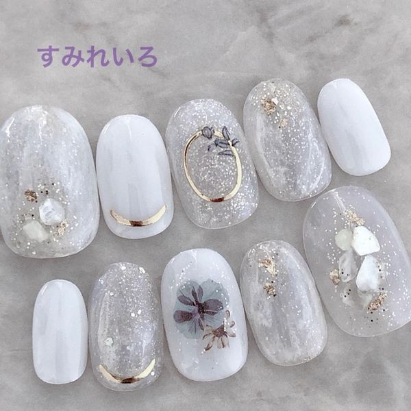 Nail tip false nails bridal nails cute short long design summer nails nail present short nails small nails large nails berry short chibi nails adult nails false nails office nails simple<br> [1779] White Marble Shell Blue Pansy Flower