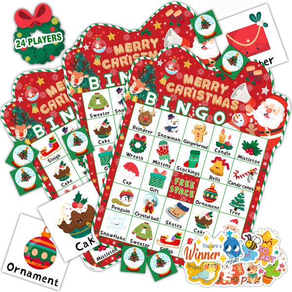 HomSeon 39Pcs Christmas Bingo Game for Kids Adults 24 Players Bingo Cards Christmas Games with Reward Stickers Xmas Activities Family Party Game