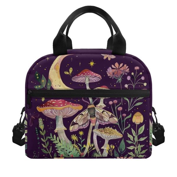 Howilath Mushroom Lunch Bag Insulaed Cooler Bag Kids Folding Reusable Lunch Bags Girls Womens Lunch Box with Shoulder Strap Thermal Lunch Boxes