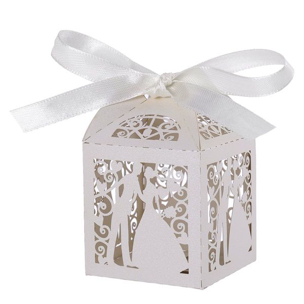 Tinksky 100pcs Wedding Candy Boxes Couple Design Luxury Lase Cut Party Wedding Favor Ribbon Candy Boxes Gift Box Table Decorations (White)