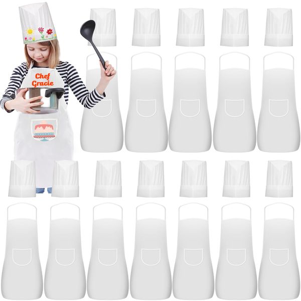 Ecoofor 24 Pieces Kids Aprons and chef hat Set, Kids Aprons with Pocket Children Chef Apron and Hats for Boys Girl's Kitchen Cooking Baking Painting Wear (5-12 Years)