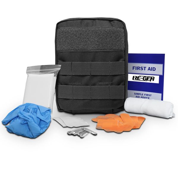 RE-GEN Tactical MOLLE 23pc HSE 1 Person Emergency Outdoor First Aid Kit Pouch Black | Ideal for Camping, Hiking, Walking, Travel