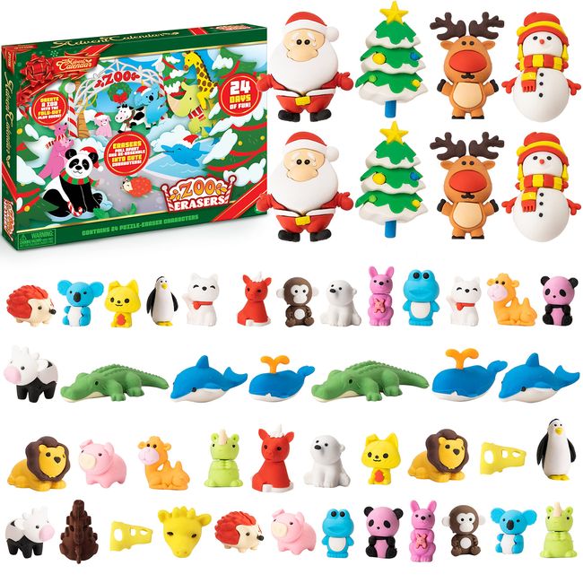 JOYIN 2023 Advent Calendar Christmas 24 Days Countdown Advent Calendar with 24 Animal Characters Including 48 Erasers Puzzle in 24 Windows Miniature Surprise Toys for Kids Christmas Party Favor Gifts