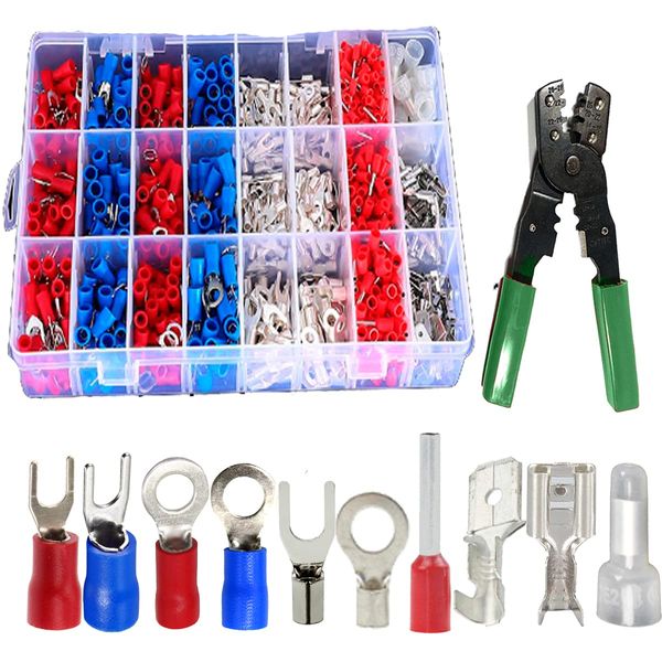 S.fields.inc Crimping Terminal Set, 1000 Pieces, Wire Connector, Connection Terminal Kit, Crimping Pliers, Y-Shaped Terminals, Round Terminals, R Shape (Includes Pliers)