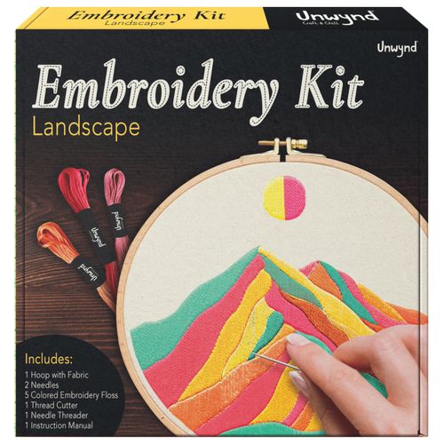 Unwynd Embroidery Kit Landscape Theme for Beginners, Satin Stitch Hand Embroidery Kit for Adults, Easy DIY Crafts, Starter Set with Mountain Sun Pattern