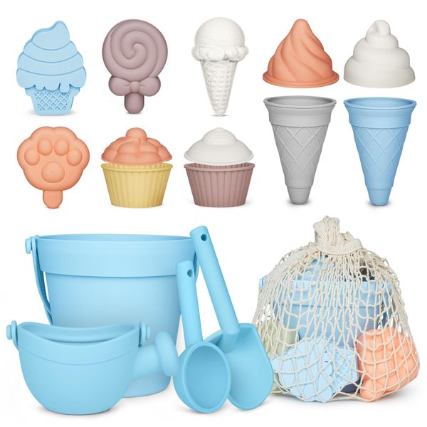 MarcZero 17Pcs Silicone Beach Toys,Modern Baby Beach Toys,Travel Friendly Beach Set,Silicone Bucket, Watering Can, Shovel, 12 Sand Molds, Beach Bag,Silicone Sand Toys for Toddlers, Kids (Light Blue)