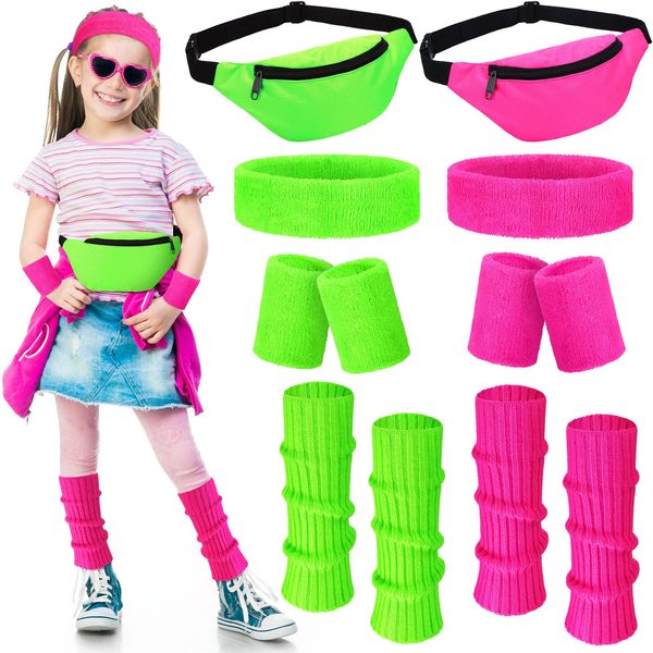 Giegxin 2 Set 80s Leg Warmers Set for Girls Kids Neon Ribbed Knit Leg Warmers Fitness Headband Wristbands for Cosplay Party(Rose Red, Green)