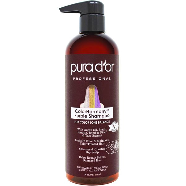 PURA D'OR ColorHarmony Purple Shampoo (16oz) For Bleached, Blonde, Silver & Color Treated Hair - Keratin, Bamboo Fiber, No Sulfates, Natural Ingredients - Men & Women