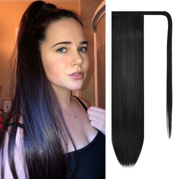 Wrap Around Ponytail Extension, BARSDAR 28 inch Long Straight Ponytail Hair Extensions Synthetic for Women - 1# Off Black