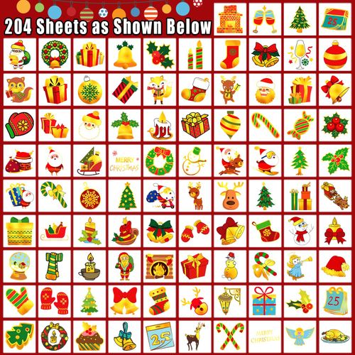 Leesgel Christmas Stocking Fillers, 204 Individual Sheets Metallic Glitter Tattoos for Kids Christmas Decorations, Christmas Stickers for Crafts Supplies Xmas Eve Box Party Games Toys
