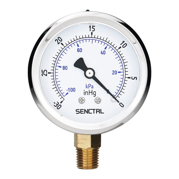 SENCTRL 30 inHg Vacuum Silicone Oil Liquid Filled Low Pressure Gauge, 2.5" Dial Size, 1/4" NPT Lower Mount, Stainless Steel Case, for Air Conditioning Manifolds, HVAC, Air Pump Vacuum Test