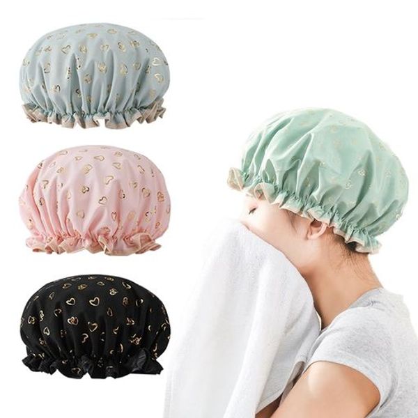 YFFSFDC Shower Cap, Bathing Cap, Elastic Hair Cap, Hair Cap, Cosmetic Hat, 2-Layer Waterproof, Flexible, Lightweight, Cute, Heart-Shaped Pattern, Reusable, Beautiful Hair, Bath, Hot Spring, SPA, Cooking, Bath Supplies, Set of 3