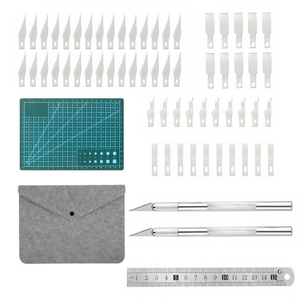 64Pcs Craft Cutting Tools Knife Set with Felt Bag Craft Precision Cutting Stencil Hobby Knife Set Include Steel Ruler A5 Cutting Mat Set for Art Craft,Paper,Modelling,Quilting,Sewing,Scrapbook