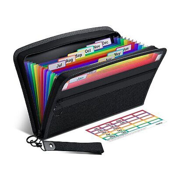 Thinktex Portable Black File Folder 12 Pocket Receipt Organizer With Zipper
