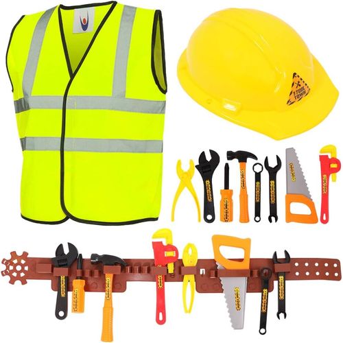 Childs Builder Playset Kids Toy Toolkit - 11 Pcs Builder Dress Up with Tool Belt (10 Unique tools) - Construction Worker Fancy Dress Costume For Boys & Girls (Small - 4-6 Years)