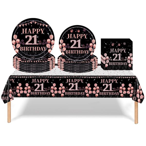 53PCS Black Rose Happy 21st Birthday Party Tableware Decorations for Girls Birthday,Disposable Party Tableware Set Black Rose 21st Table Cloth,7inch,9inch Paper Plates,Napkins for Girl,Her Dinnerware