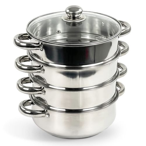 Induction Hob Stainless Steel 3 & 4 Tier Steamer Cooking Cookware Pot Pan with Glass Lid by Crystals® (4 Tier 24cm)