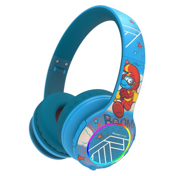 PowerLocus The Smurfs Kids Headphones, Bluetooth Headphones Over Ear for Kids LED Lights, 74/85/94dB Safe Volume Limit, Micro SD/TF, Foldable with Hi-Fi Stereo,Built-in Mic for School/Tablet/Travel/TV